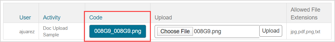 In the Code column of the Document Uploads pane, a link for uploaded document is highlighted.